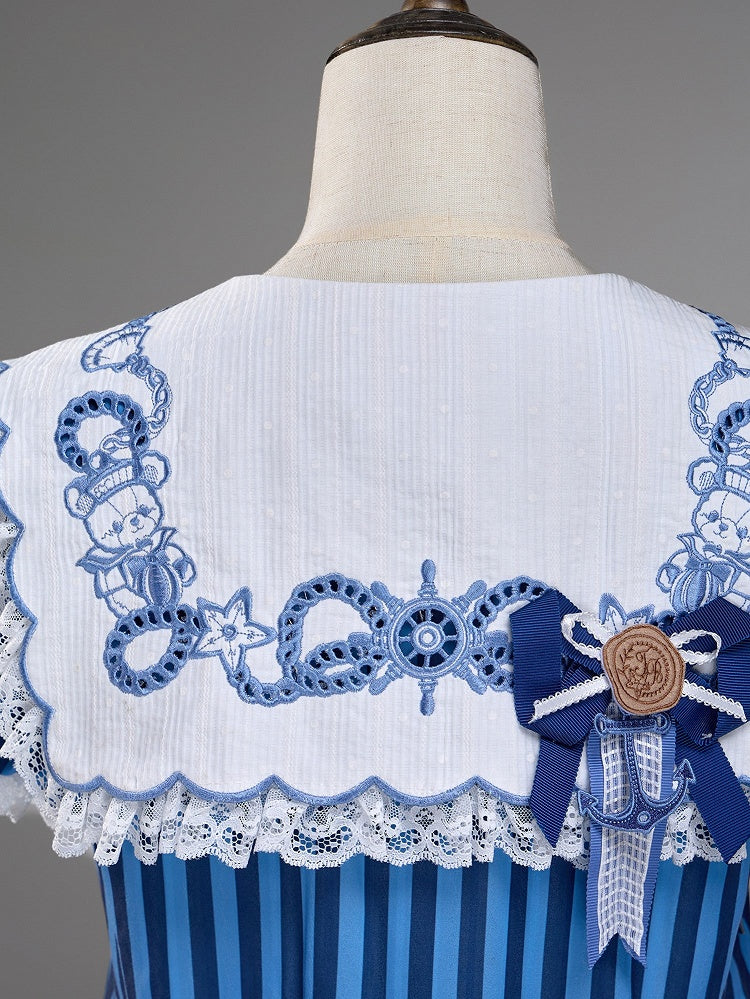 Striped Low Waist Sailor Dress with Blue Embroidery - Twin Bear Original Design