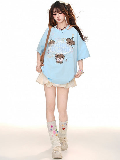 Blue/Apricot Cute Puppy Appliques Cutout Detail Summer T-shirt