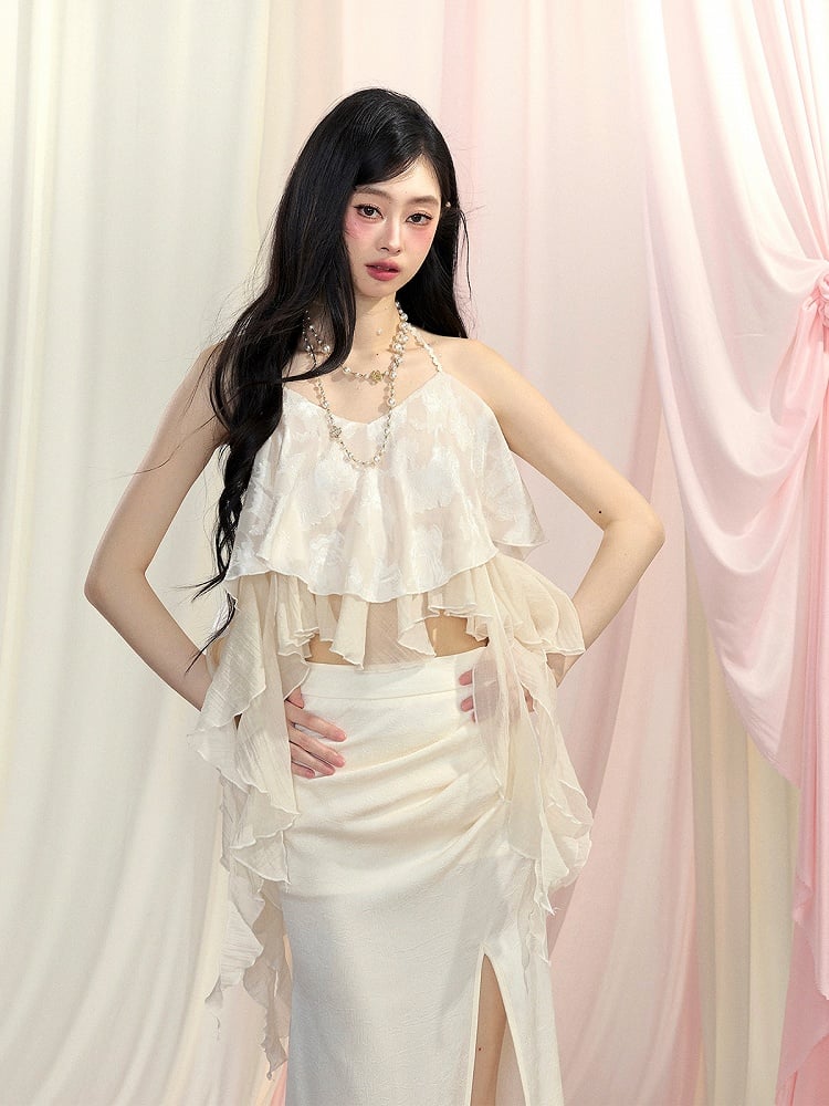 トップス/太もも丈スリットスカート アプリコット アシンメトリー フリル裾 ホルターネック シフォン