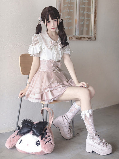 Landmine Style Pink & White Lace Cutout Shoulder Short Sleeve Blouse with Ruffle Details - Ekomi