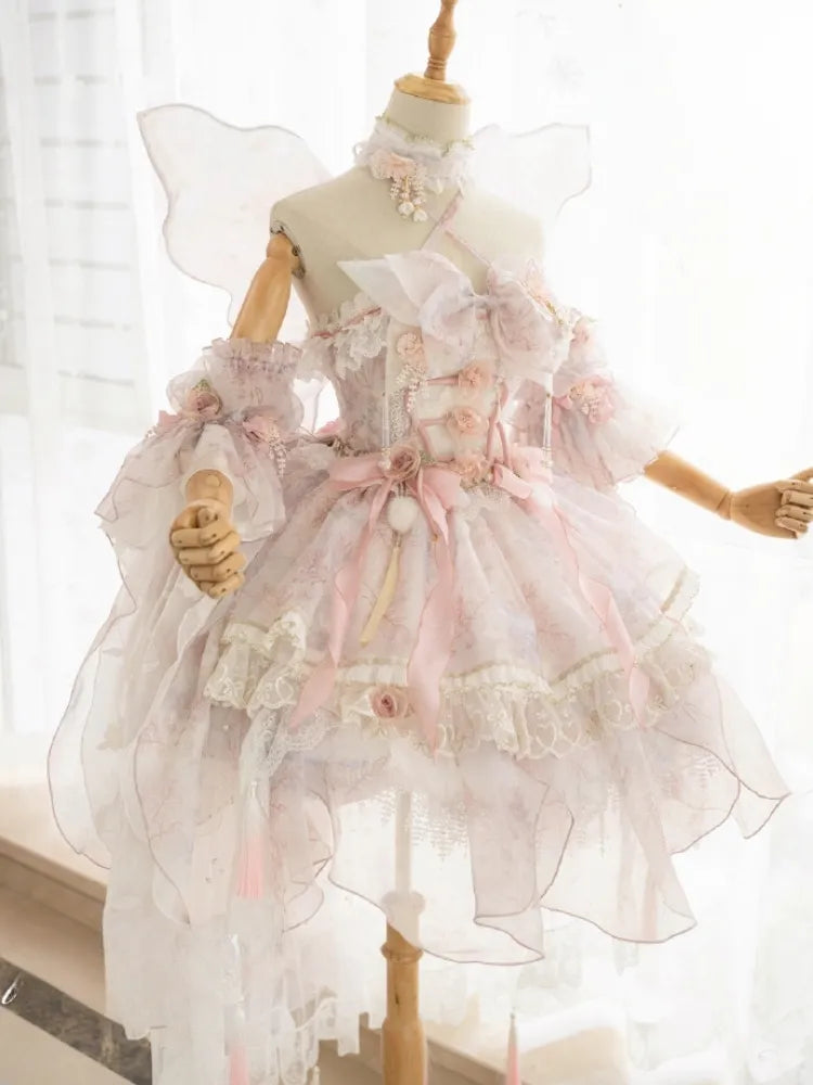Rosa Prinzessin Fee Blumenmuster Set voller Schmetterling und JSK Kleid Lolita Blume