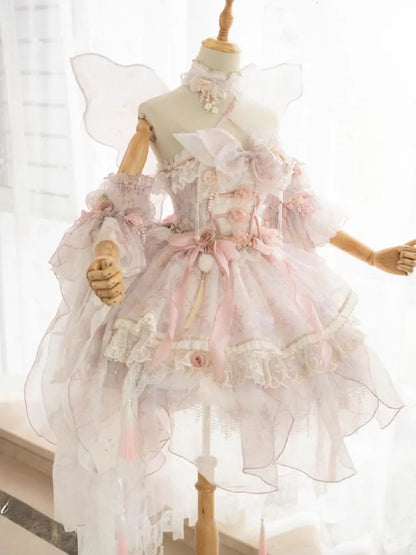 Rosa Prinzessin Fee Blumenmuster Set voller Schmetterling und JSK Kleid Lolita Blume