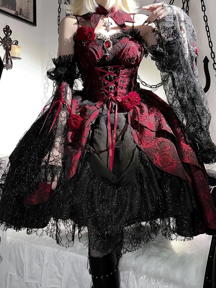 Black and Red Gothic Rosette Fabric High-low Skirt Dress Lolita JSK with Sleeves and Collar