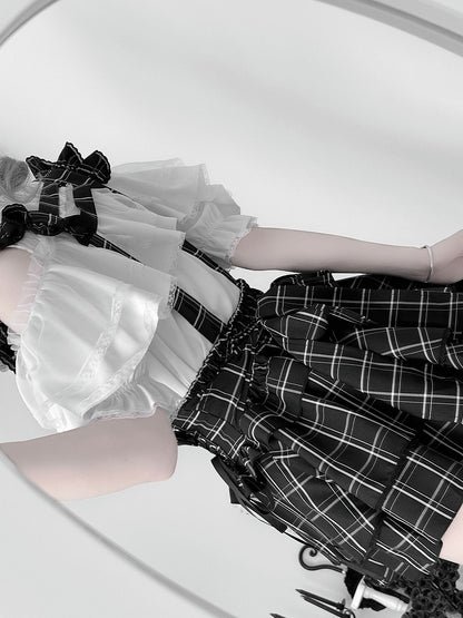 Skirt:Black Kei Plaid Straps Suspender High-Waistwith Detachable Convertible Jirai