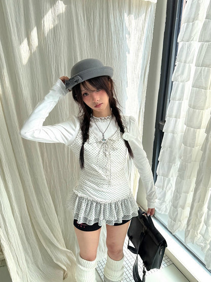 Ruffled Long Two-Piece White with Polka-Dot Lace Fake Trim Shirt Sleeve