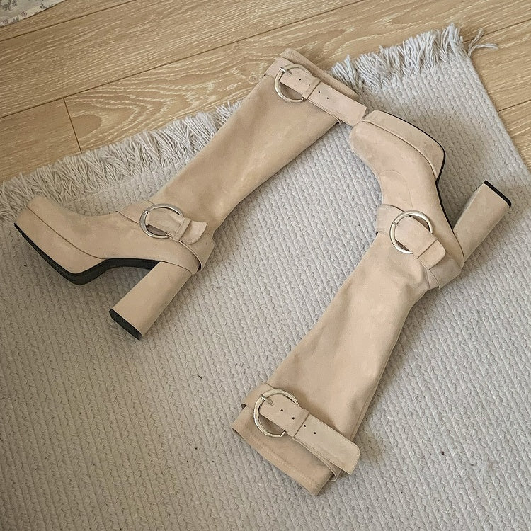 Lolita Heel Khaki - Inner Zip Knee-High Block Buckle Square Platform Boots High with Toe Accents