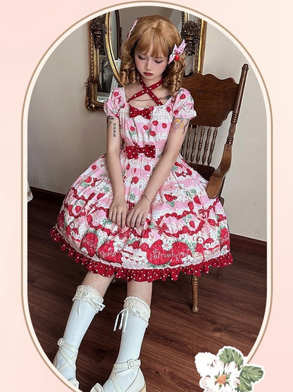 ピンクストロベリーハイウエストスイートロリータドレス