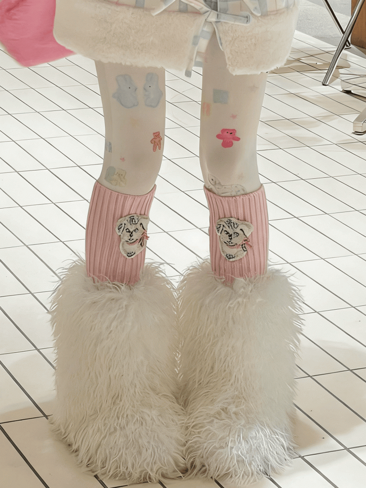 Pink Knitted Leg Warmers With Dog Patch