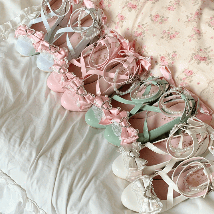 7cm Heel Straps Blue Hime Key Charm Lolita with Heeled Pink on Crossed Shoes Bow