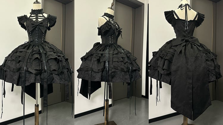 ボウオーバレイとゴシックドレスコルセット、ロリータ風の取り外し可能なスカートデザイン、ブラックバードケージウエストのレースアップ