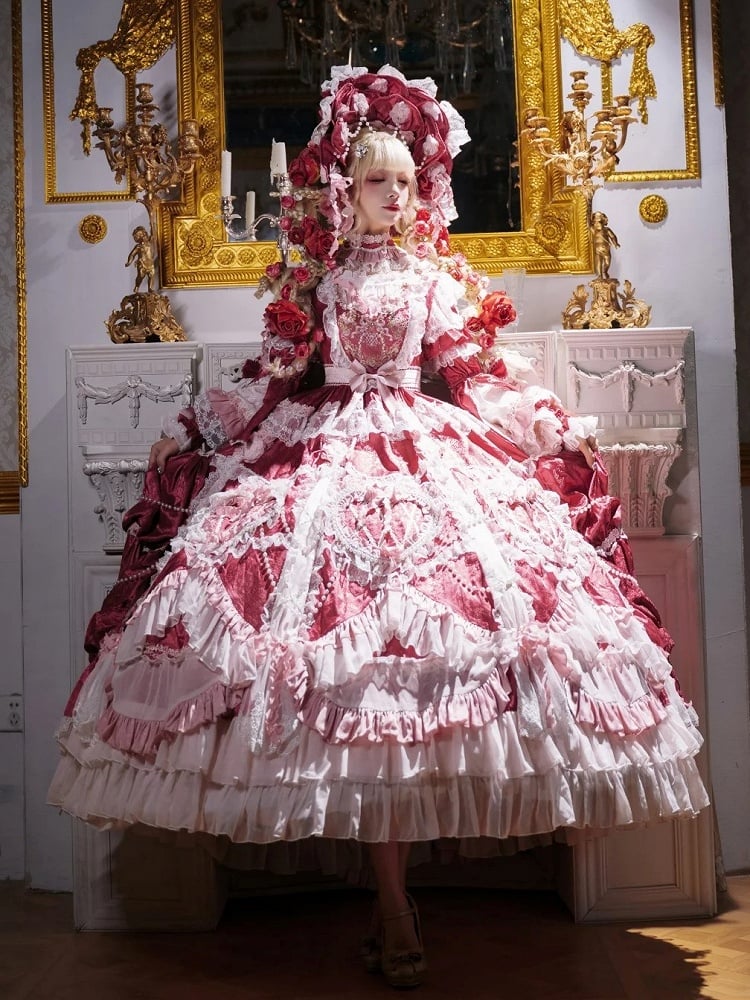Rose Pink Hanayome Lolita Gown - Rosette Embroidery & Bead Chain Details
