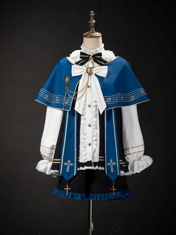 with and Top Set Musical Note Lolita Capelet + White Ouji Embroidered Blue Full Shorts