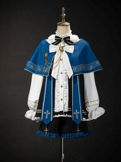 with and Top Set Musical Note Lolita Capelet + White Ouji Embroidered Blue Full Shorts