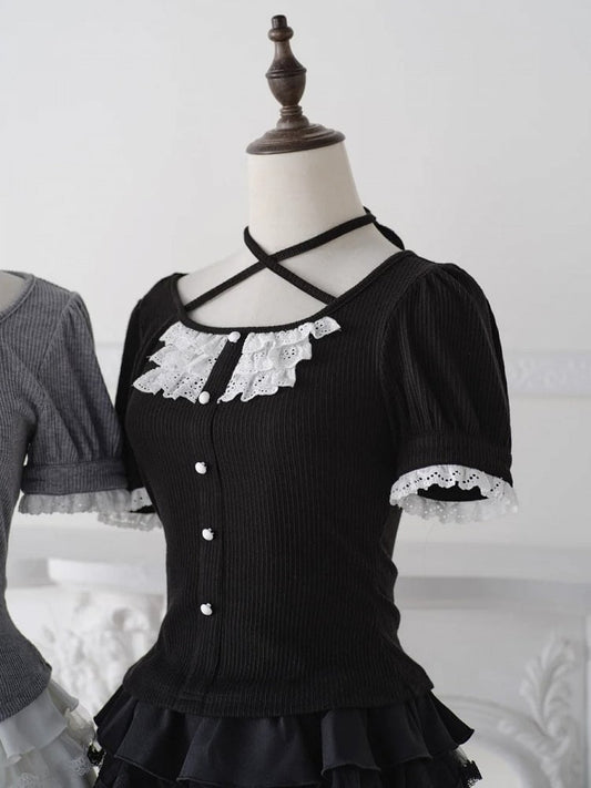 Black Jirai Kei Halter Neck Lace Knit Top - No Genki