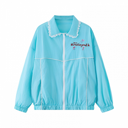 裾のシャツカラー、伸縮性のある袖口、ジップアップジャケット ブルー