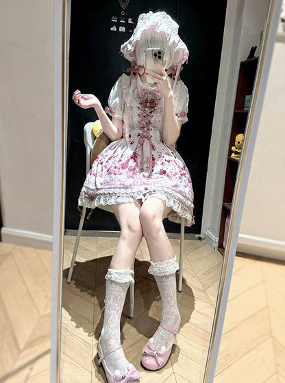 Pink Bunny and Cherry Print Short-Sleeve OP Dress with Matching Skirt - Doki Cherry