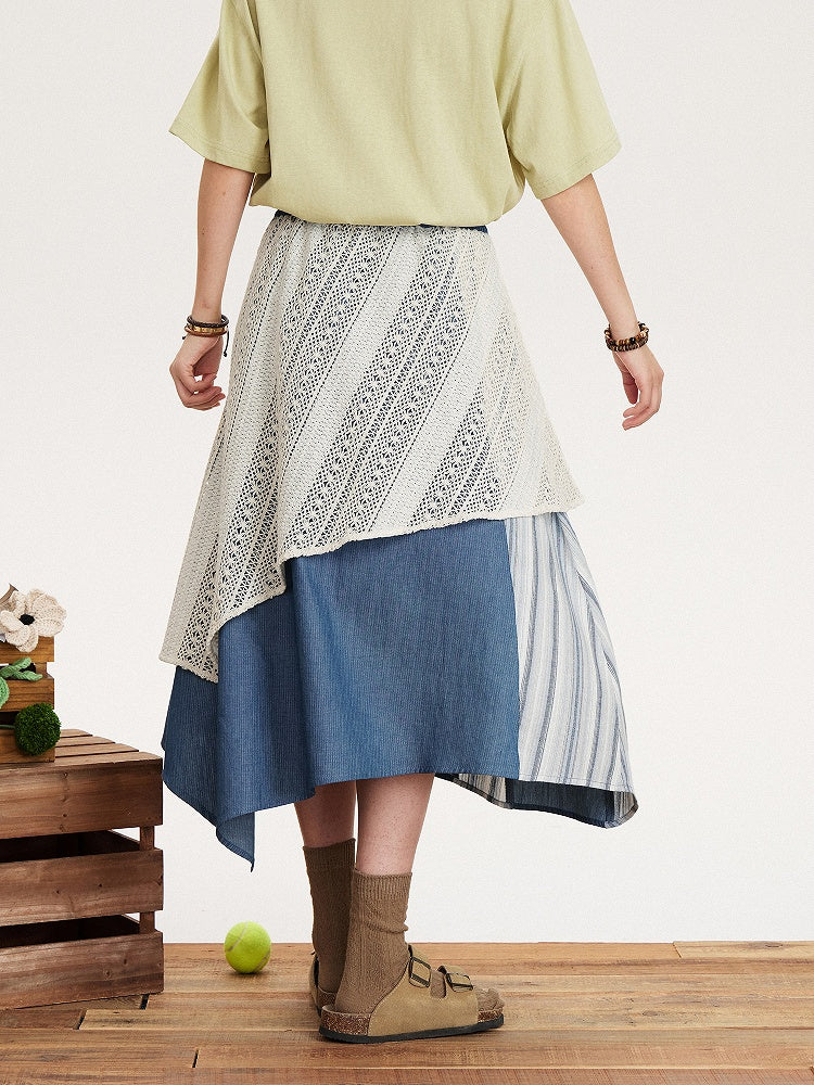 Vintage Design Waist Asymmetrical Lace Patch Skirt Elastic