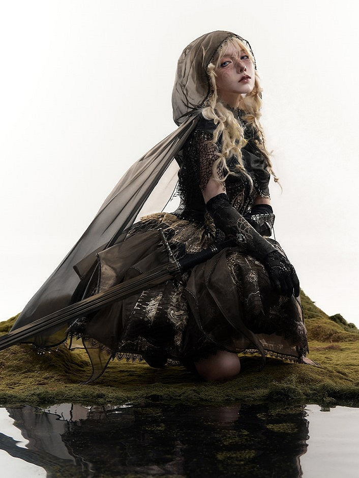 Brown & Gold Bone Dragon Embroidery Halter Neck Gothic Lolita Dress Set - Ying Luo Fu