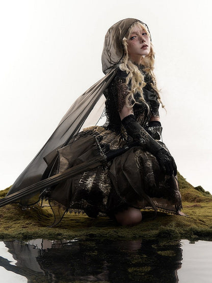 Brown & Gold Bone Dragon Embroidery Halter Neck Gothic Lolita Dress Set - Ying Luo Fu