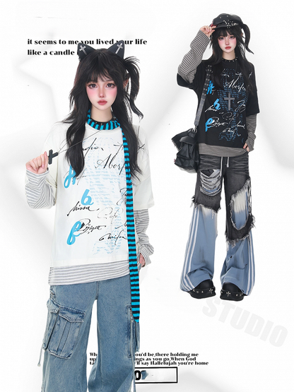 Vibe Long Faux Top Punk Sleeve Two-Piece Striped Sleeves with White/Black