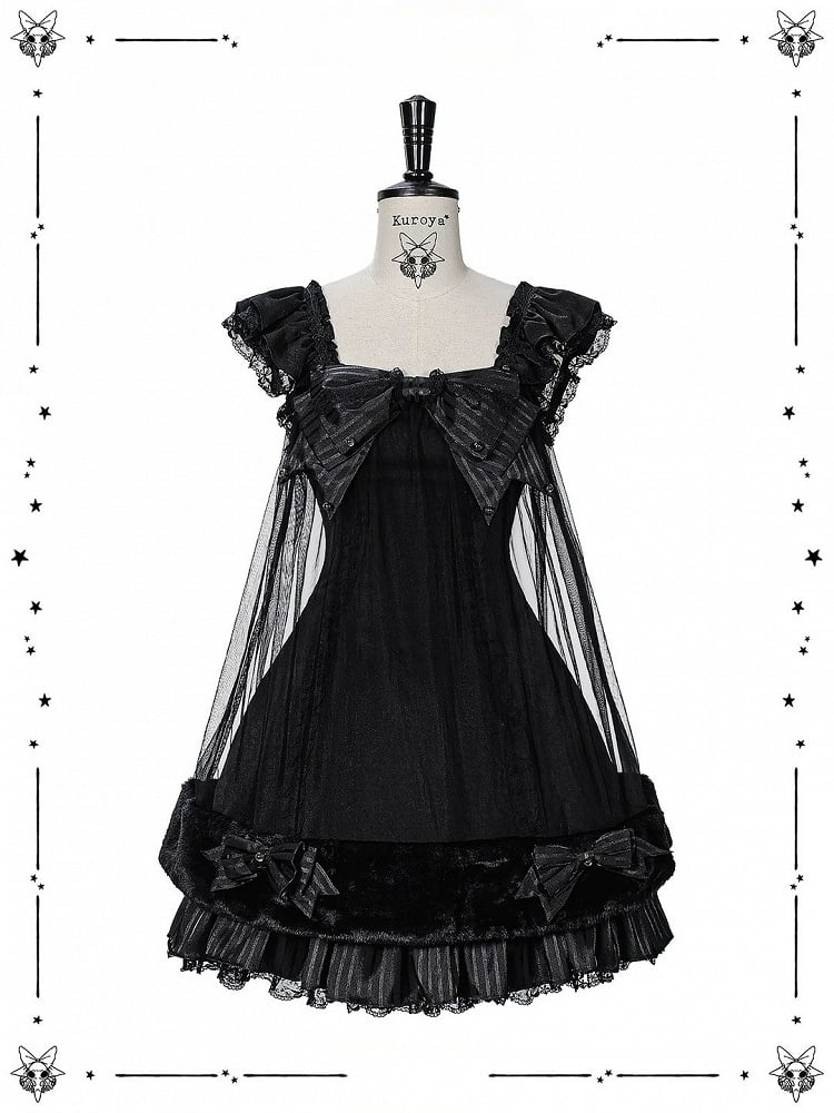 Black Gothic Pearl Bowknot JSK Dress with Plush - Kuroya
