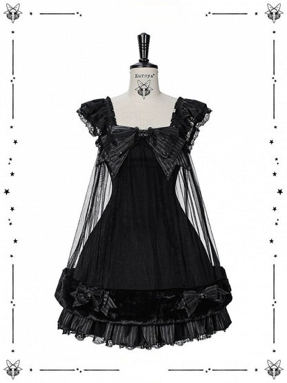 Black Gothic Pearl Bowknot JSK Dress with Plush - Kuroya