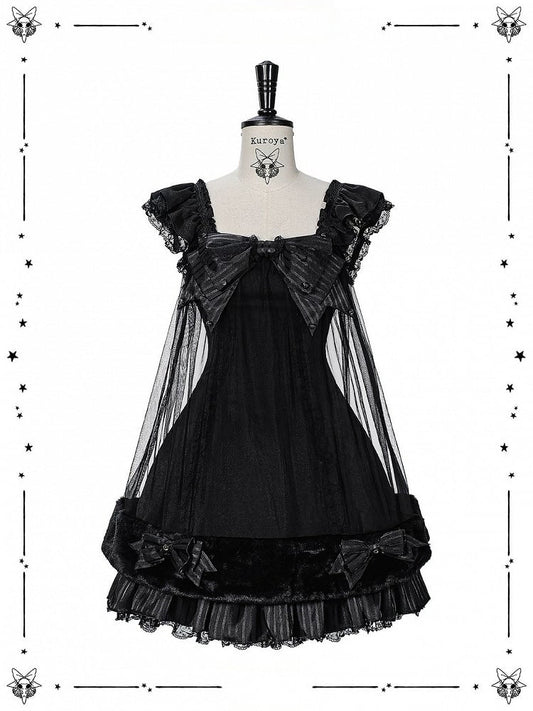 Black Gothic Pearl Bowknot JSK Dress with Plush - Kuroya