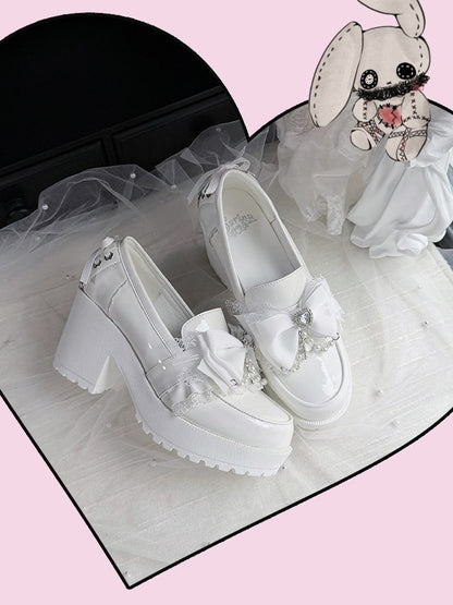 White Kawaii Shoes with Bow, Lace & Heart Crystal Detail - Sarina