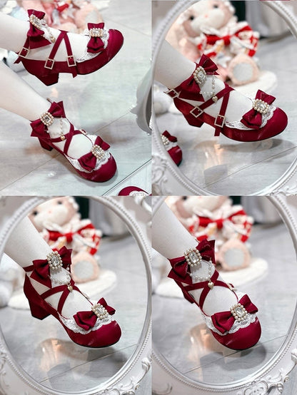 Lace with Edging Sweet Lolita Beaded Mary Heart Mid-heel Chain Jane Red Shoes Decor in Bows