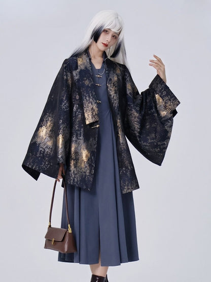 Vent Golden Button Back Unisex Cuffs Chinese Blazer Snap Single Design Style - Navy Blue