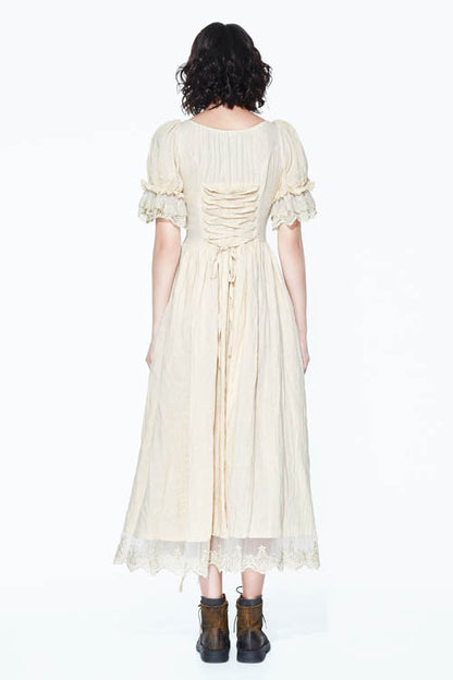 Creamy White Punk Victorian Drawstring Embroidered Lace Dress for Women