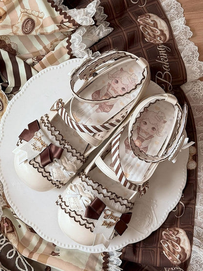 - Beige PU Lolita Mary Accents Sweet Janes Bow Low-heel