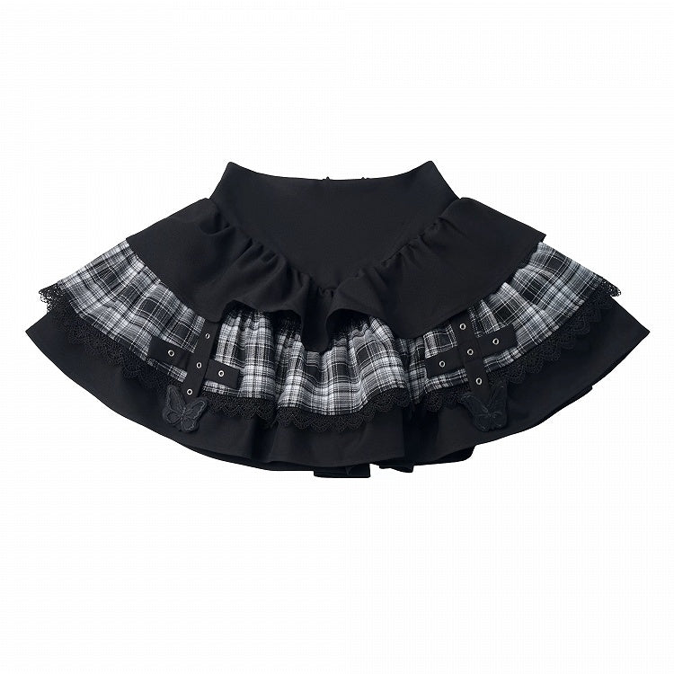 Vintage Kawaii Black Plaid Tiered Skirt with Butterfly Embroidery and Lace Trim - PINK SAVIOR