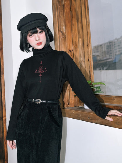 Fleece-lining Long Black with Print Top High-neck Unicorn Sleeve