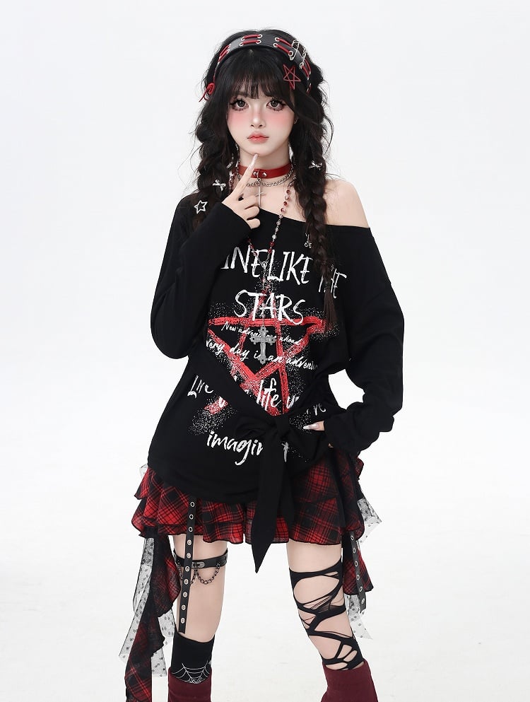 トップス ブラック アシンメトリーネックライン スター グラフィティプリント ルーズ