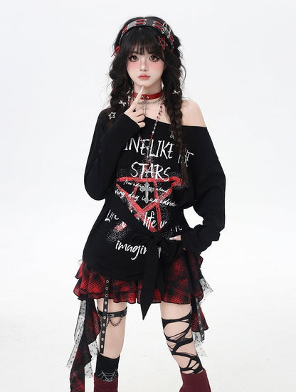 トップス ブラック アシンメトリーネックライン スター グラフィティプリント ルーズ