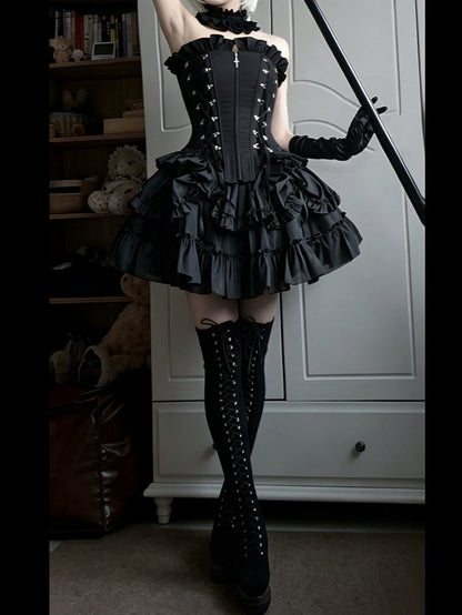 Lace-Up Boned Corset Top with Ruffle Accents - Moonveil Manuscript