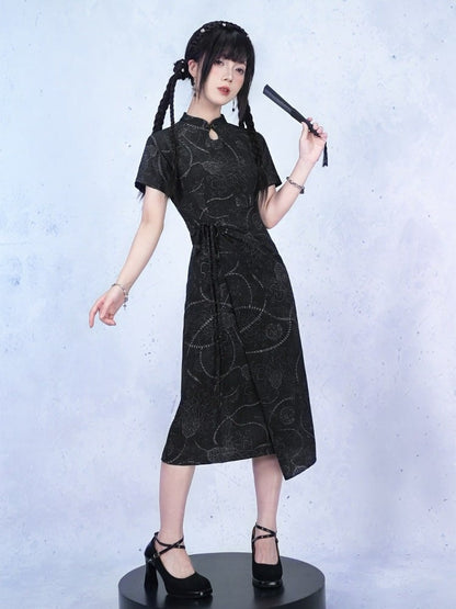 Black Gothic Short Sleeve Cheongsam Sea Lily Print - Quirky Hut