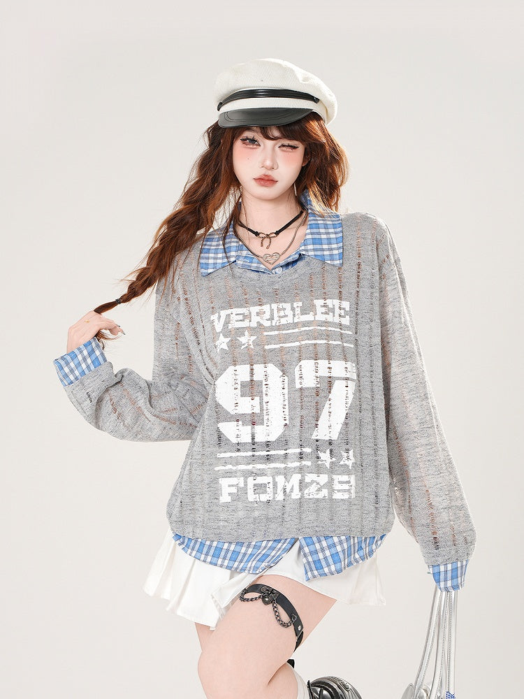 Faux Gray/White Holes Two-pieces Distressed Coverup Plaid Hem