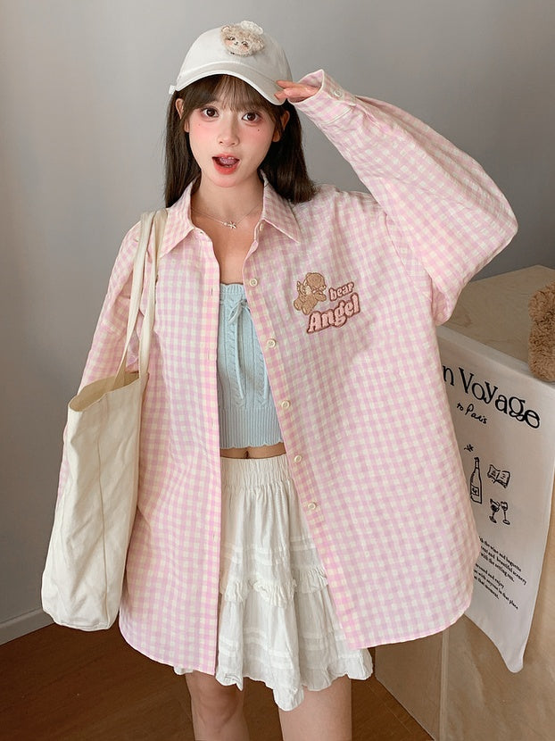 Pink Loose Plaid Shirt Adorable Bear Embroidery