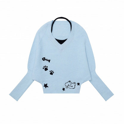 Faux Two Piece Blue Batwing Sleeve Kitten Embroidered Sweater - Languid Park