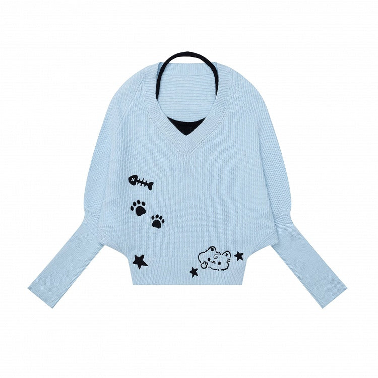 Faux Two Piece Blue Batwing Sleeve Kitten Embroidered Sweater - Languid Park