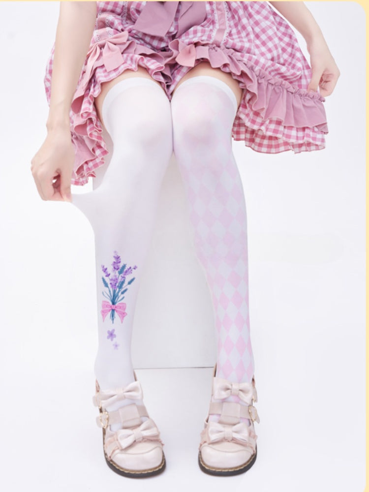 White & Pink Lavender Print Diamond Pattern Over Knee Stockings