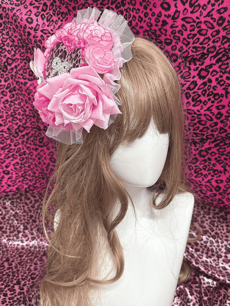 Pink/Rose Showa Ornate in Print Gyaru Hat | Rose Red Leopard Heart Style