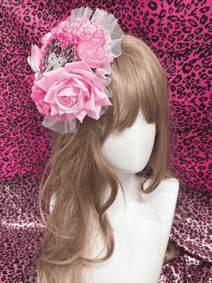 Pink/Rose Showa Ornate in Print Gyaru Hat | Rose Red Leopard Heart Style
