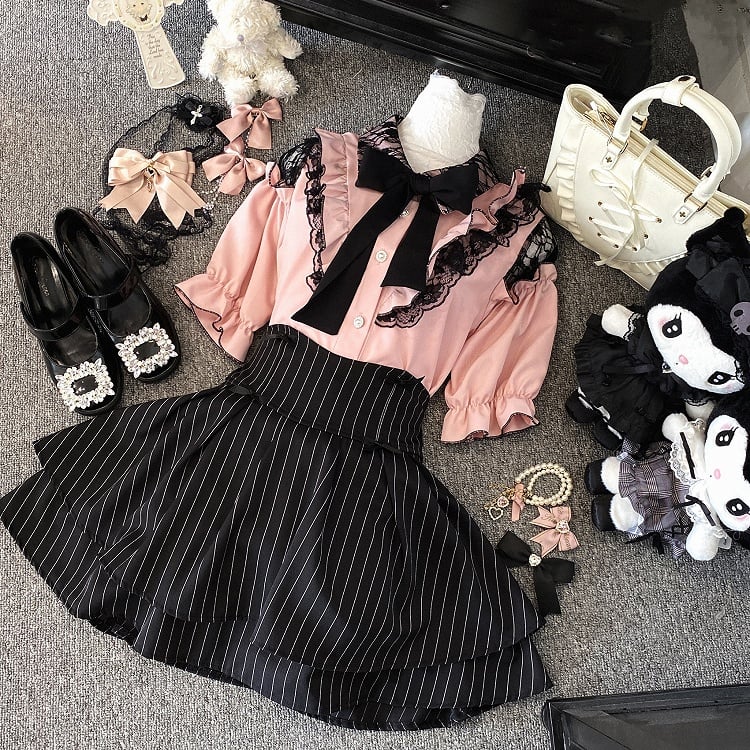 カットアウトショルダーレーストリムブラウスタイ（リボン付き） ジライケイ ブラック/レッド/ピンク/ホワイト