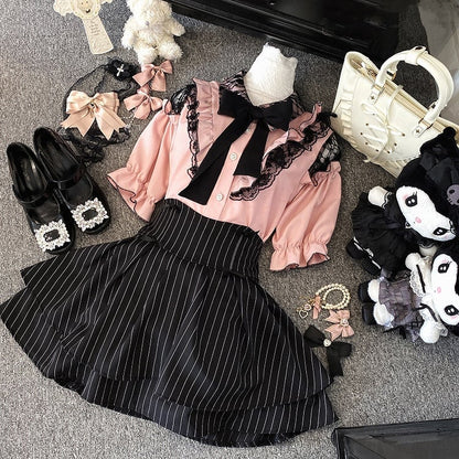 カットアウトショルダーレーストリムブラウスタイ（リボン付き） ジライケイ ブラック/レッド/ピンク/ホワイト