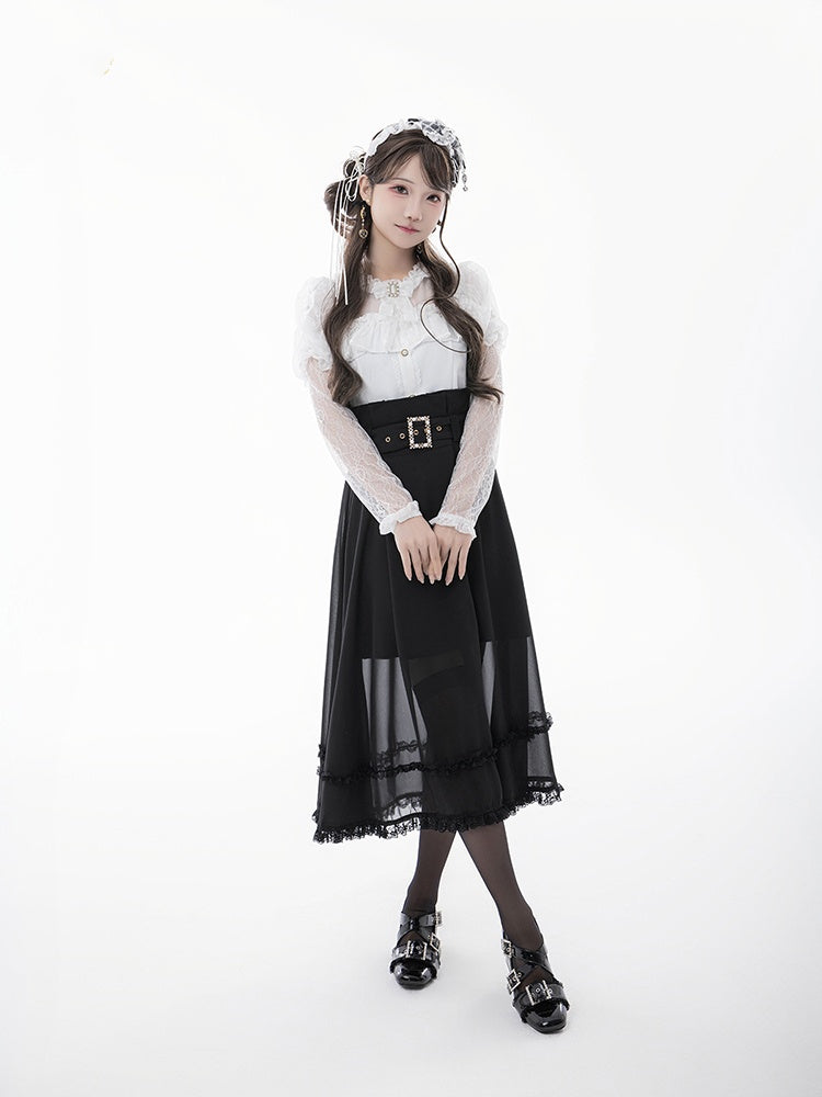 Skirt with Buckle Belt Black High Waist Mesh Overlay