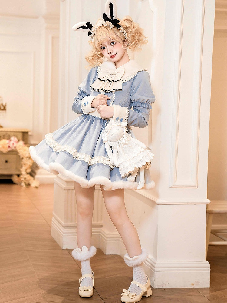 Robe Lolita bleue Alice à col et poignets en peluche avec oreilles de lapin amovibles et queue dans le dos