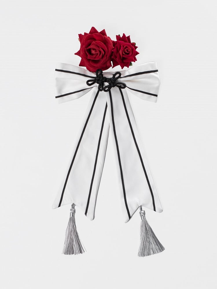 Roses White Brooch Red Bow